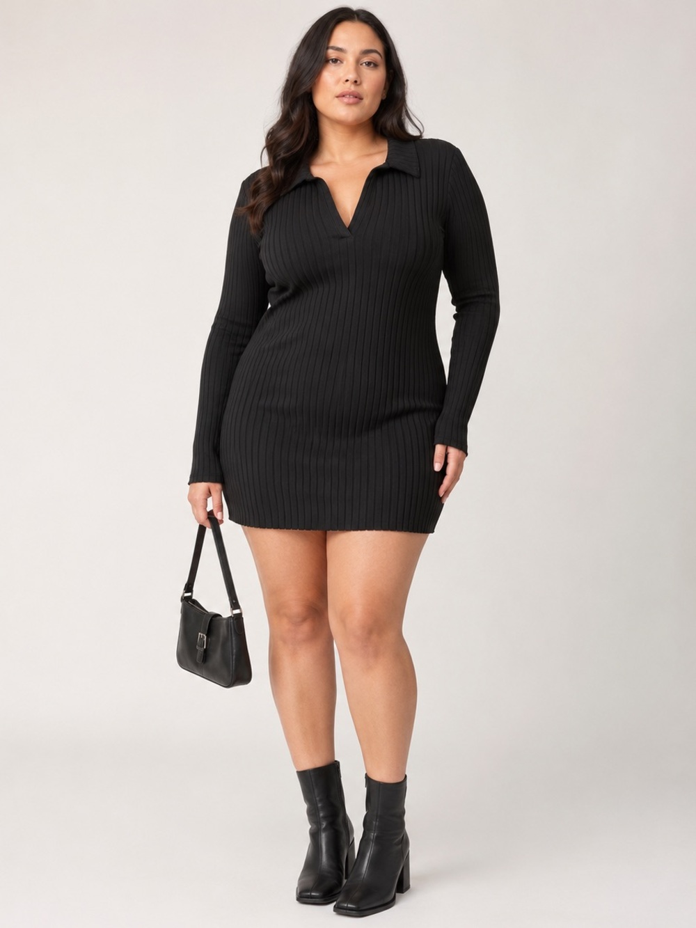 Old Navy Black Ribbed Collared V-Notch Mini Dress